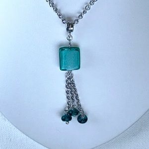 Handmade Vintage Blown Glass Bead Tassel Dangle Stainless Steel Necklace Boho